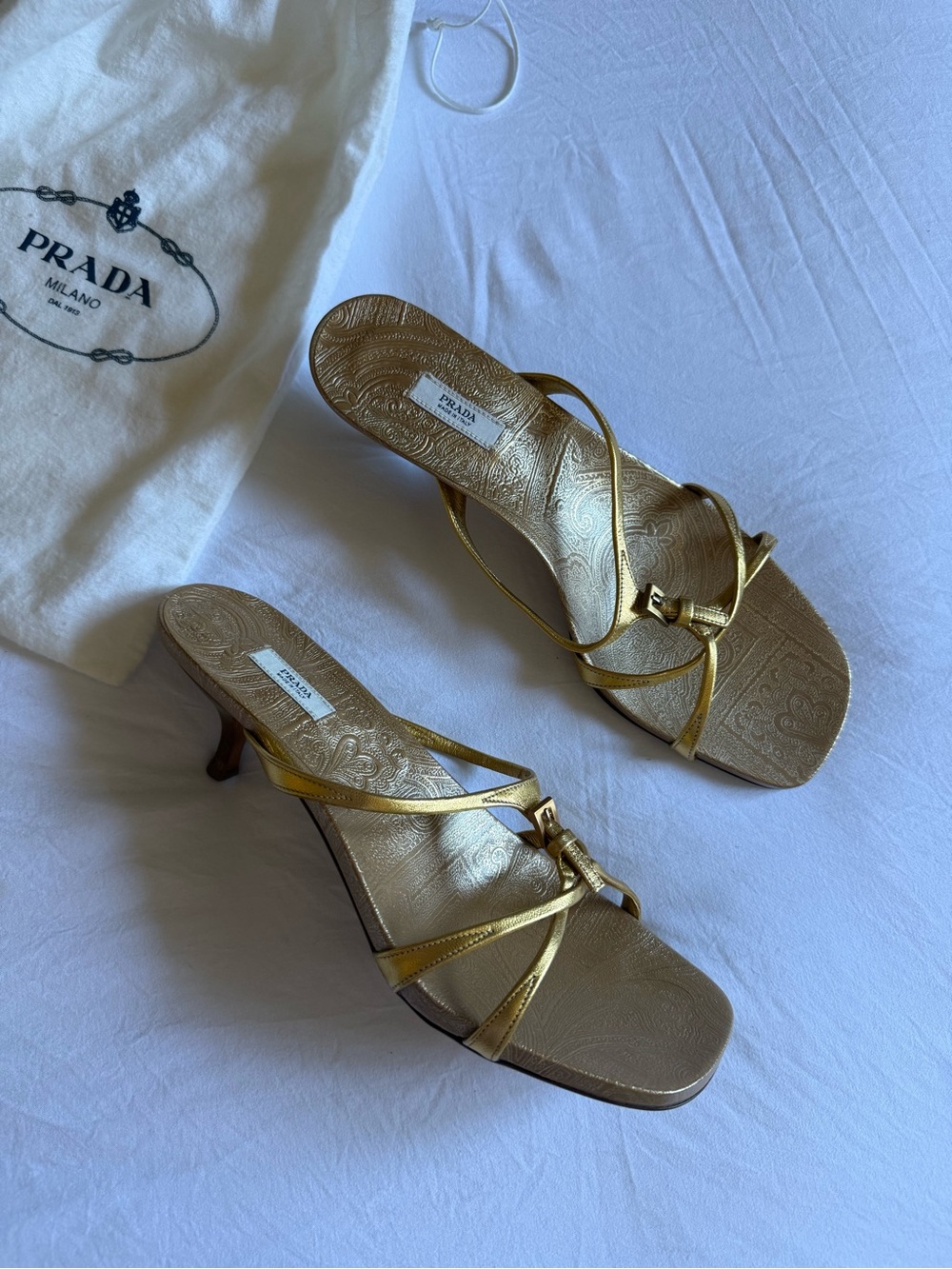 Vintage Prada Metallic Gold Strappy Kitten heels mules/Sandals, size 39.5 - Picture 5 of 14